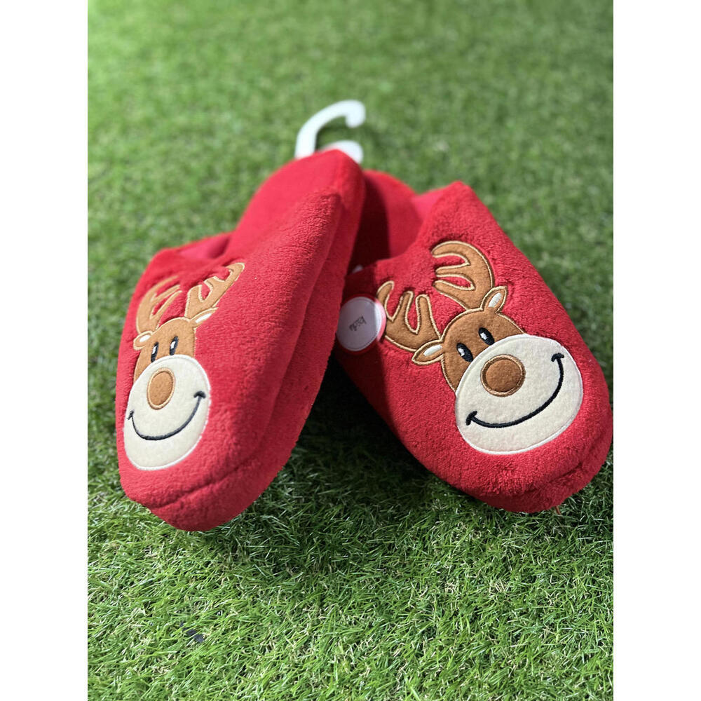Boys Girls Red‎ Plush Reindeer Slippers with Non-Slip Sole 8/9